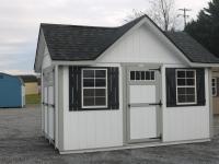 Pine Creek 10x14 Victorian Deluxe with White walls, Light Gray trim and Black Z-Style shutters, and Rustic Black shingles