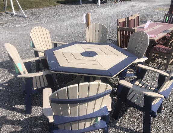 hexagon table with 6 fan back dining chairs